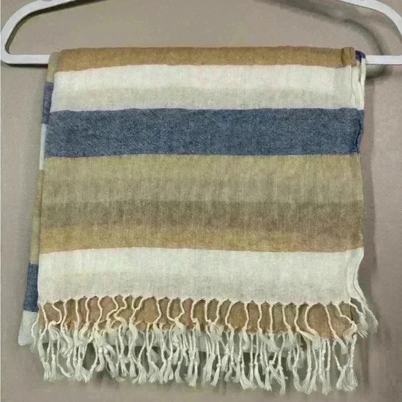 Lands' End Accessories - Lands' End Striped Linen Scarf Beige Cream Blue Nautical Coastal Summer Light
